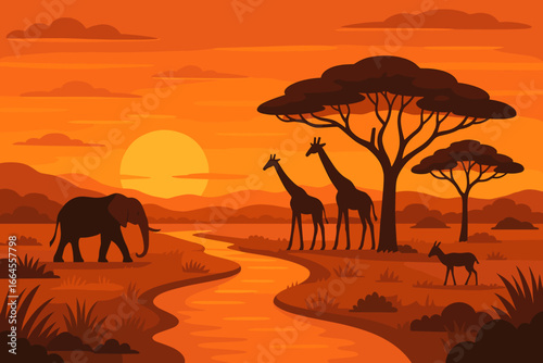 African savanna landscape at sunset. Wildlife silhouettes. Elephant, giraffe, antelope by a river. Acacia tree. Wild nature background. Safari travel concept. Vector illustration.
