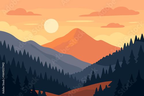 Mountain landscape vector illustration. Nature background with sun, forest, and hills at sunset or sunrise. Concept for travel, hiking, outdoor adventure, and ecotourism.