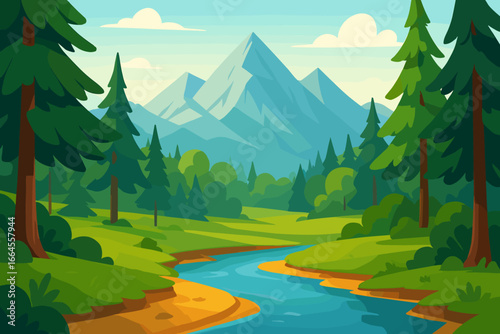 Mountain valley landscape with river and forest. Beautiful summer nature scenery background. Scenic view of mountains and trees. Modern flat cartoon vector illustration.