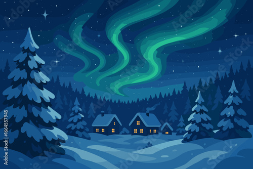 Winter night landscape with northern lights. Scenic village in snowy forest. Magical sky with stars and aurora borealis. Cozy houses in snow. Nature background vector.