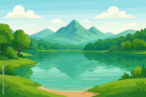 Summer landscape with mountain lake and green forest shore. Clear water reflection and beautiful scenery. Vector background for travel, vacation, ecology. Modern flat cartoon.