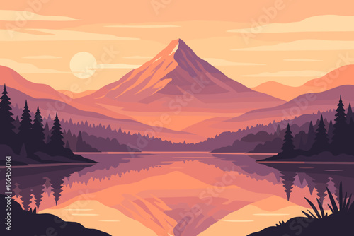 Beautiful mountain landscape with lake and forest at dawn or sunset. Vector illustration of serene nature scenery with peak reflection. Modern flat cartoon style for background.