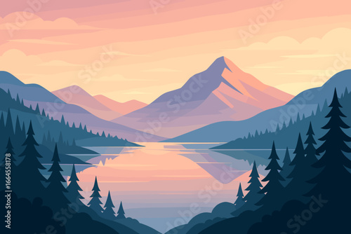 Tranquil mountain lake landscape at dawn. Vector illustration of a peaceful nature scene with sunrise, pine forest, and reflection in the water. For travel, web, or print.