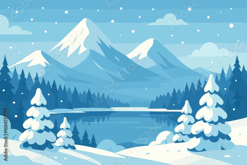 Winter mountain landscape vector illustration. Snowy day scene with pine forest, lake, and snow-covered trees. Cold nature scenery for Christmas or holiday background design.