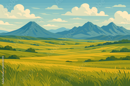 Beautiful steppe and mountains vector illustration. Prairie landscape with steppe grasses, meadows, fields. Scenery with amazing mountains, volcano. Summer nature background concept.