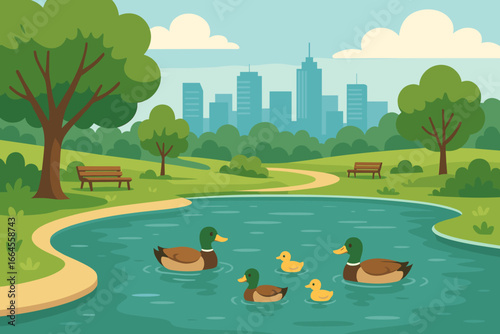 City park landscape with a lake and a family of ducks swimming. Urban oasis with a pond, trees, and benches. Cityscape background. Modern flat vector cartoon illustration.