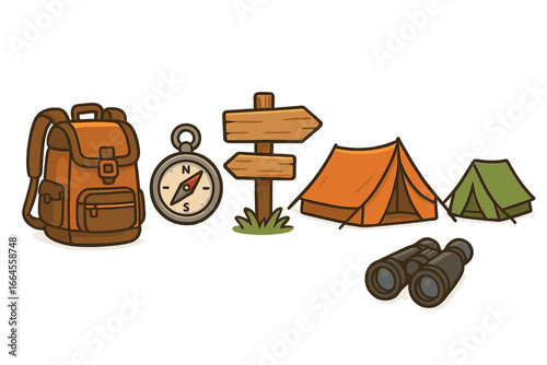 Camping essentials and hiking equipment icon set. Vector cartoon collection with backpack, compass, signpost, tent, and binoculars for outdoor adventure, travel, and exploration.