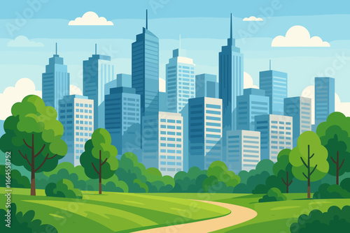 Cityscape with a green park, high skyscrapers, and modern office buildings. Business district of the city with a lush green area. Vector illustration of a modern urban landscape.