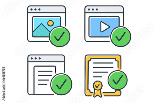 Icon set for digital asset certification. Media validation process with checkmark. Image, video, document verification on platform. Quality control & content approval concept.