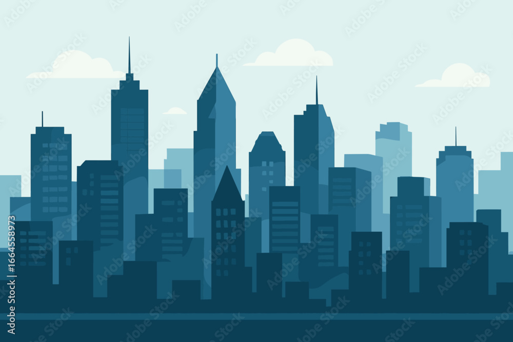 Naklejka premium Cityscape with tall skyscrapers and office buildings silhouette. Panoramic urban landscape of a modern metropolis. Downtown city view background. Flat design vector illustration.