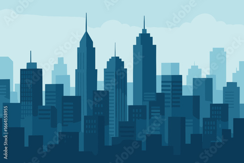 Modern flat vector illustration of a city skyline with silhouettes of skyscrapers. Panoramic cityscape and urban landscape of a metropolis downtown. Business district architecture concept.