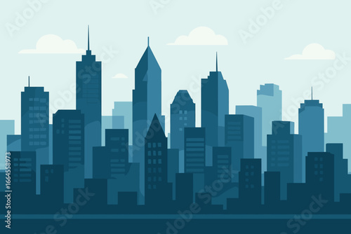 Cityscape with tall skyscrapers and office buildings silhouette. Panoramic urban landscape of a modern metropolis. Downtown city view background. Flat design vector illustration.