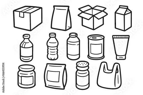 Packaging icons set. Line art collection of various consumer goods containers. Vector cartoon illustration of box, bottle, can, jar, bag. Grocery product package outline symbols.