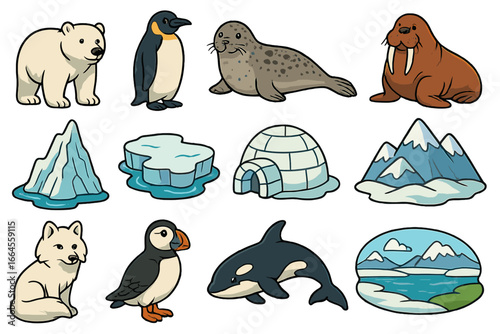 Arctic and Antarctic animals icon set. Polar wildlife cartoon vector collection. Includes polar bear, penguin, walrus, seal, orca, puffin, fox, iceberg, igloo and landscape.
