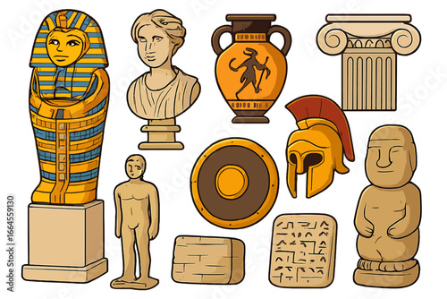 Ancient artifacts vector set. Museum collection of antiquities from Egypt, Greece, Rome. Egyptian sarcophagus, Greek amphora, roman helmet, bust sculpture, column, cuneiform.