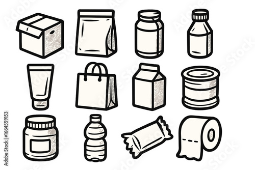 Packaging and consumer goods icon set. Vector illustration of retail products like box, bottle, can, bag, jar, carton, tube, wrapper. Hand drawn doodle style for web and print.