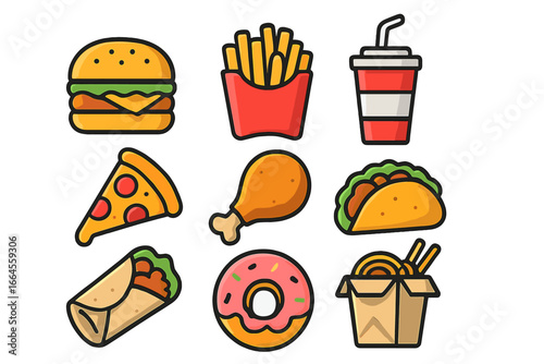 Fast food icon set. Vector collection of modern colorful cartoon illustrations. Burger, pizza, fries, soda, taco, donut, burrito, chicken. Junk food takeout & delivery graphics.