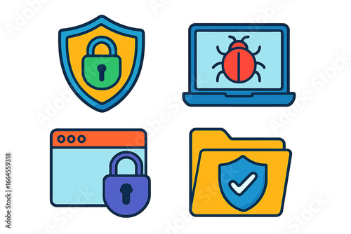 Cybersecurity vector icon set. Digital security, online safety, and data protection concepts. Colorful cartoon illustrations of a shield, lock, malware bug, and protected folder.