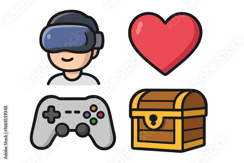 Gaming icon set with gamer avatar in VR headset, controller, heart life, and treasure loot box. Playful cartoon vector illustration. Concept of virtual reality and video games.