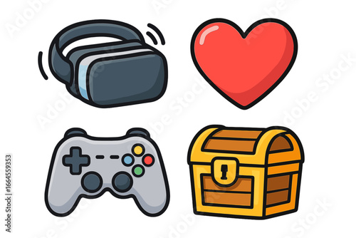 Gaming and esports icon collection. Vector cartoon set with VR headset, console gamepad, heart life, treasure chest loot box. Isolated graphic elements for video game interface.