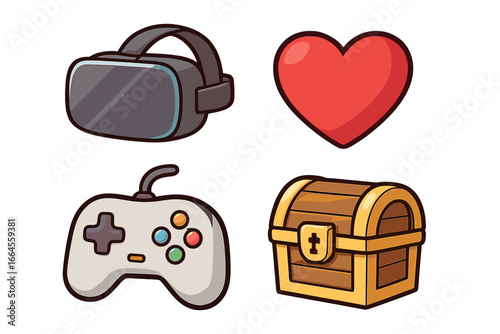 Gaming icon set with virtual reality headset, controller, heart life symbol and treasure chest. Vector cartoon illustration for video games, esports, and loot box concept.