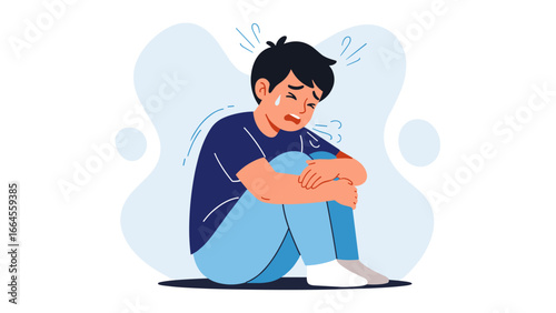 Illustration of a sad boy, sitting and crying, expressing grief and emotional distress