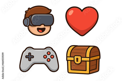 Vector collection of gaming icons. Cute cartoon character in virtual reality headset, game controller, heart life symbol, and treasure loot box. Gamer asset pack for fun play.