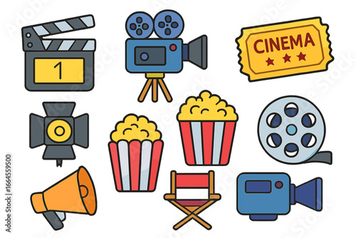 Cinema and movie production icon set. Film industry equipment collection with clapperboard, camera, ticket, popcorn, and director chair. Vector cartoon illustration for filmmaking.