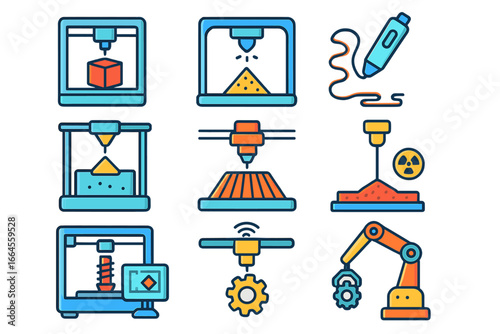 3D printing technology icon set. Additive manufacturing process. Vector graphic collection of 3d printers, robotic arm, 3d pen, prototyping, and engineering processes.