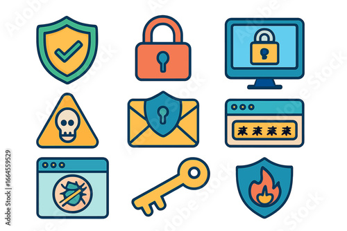 Cyber security icon set for data protection and internet safety. Vector concepts like firewall, antivirus, password, and privacy. Digital technology and network threat symbols.