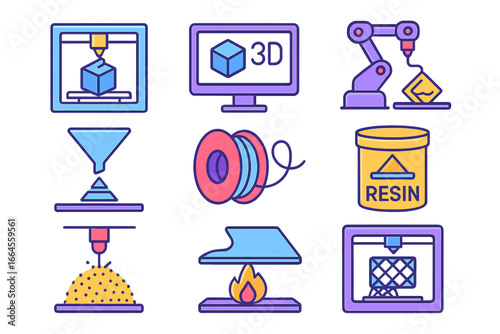 3D printing technology color icons set. Additive manufacturing process. Vector illustration. FDM, SLA, SLS pictograms. Filament, resin, powder. Prototyping, engineering concept.