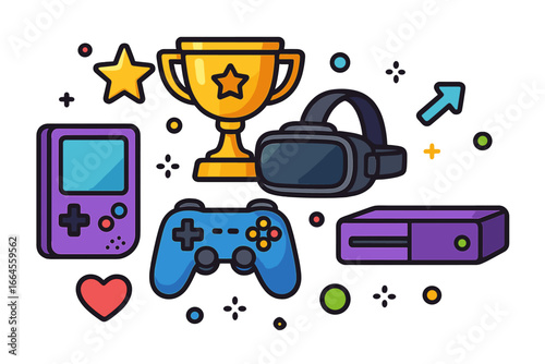 Gaming elements icon set. Video game collection with retro handheld, console, controller, and VR headset. Esports competition trophy, award, and star. Cartoon vector illustration.