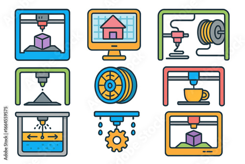 3D printing technology icon set. Vector collection of additive manufacturing processes. FDM, SLA, SLS printer symbols. Industrial prototyping, engineering and innovation concept.