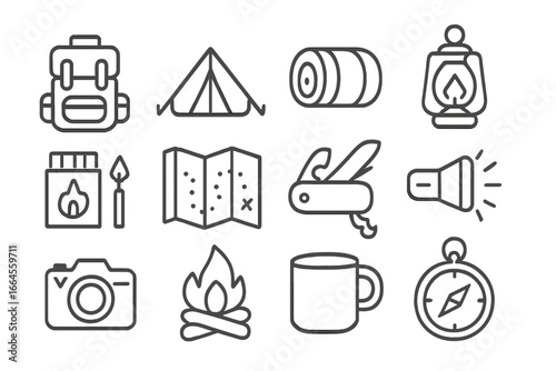 Camping equipment line icon set. Essential outdoor gear for adventure, hiking, travel. Vector cartoon illustration of backpack, tent, campfire, map, compass. Survival kit.
