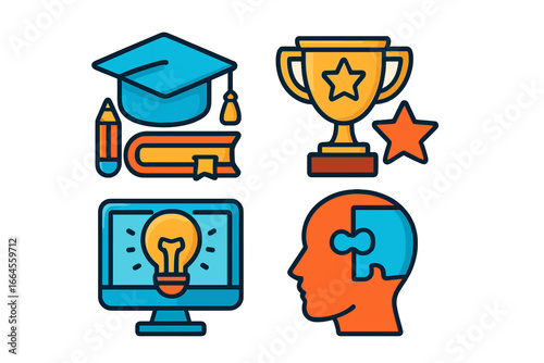 Education icon set for achievement, problem-solving. Digital learning, success concepts. Graduation cap, book, award trophy, idea lightbulb, puzzle head. Cartoon vector graphics.