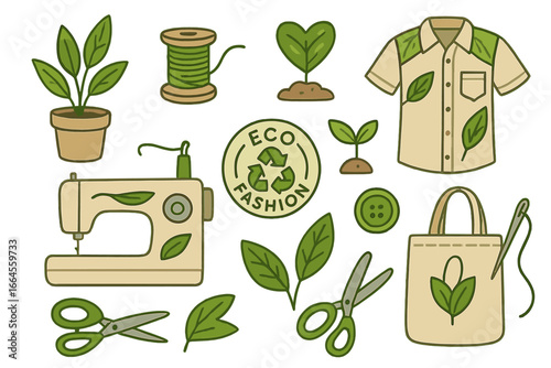 Set of eco fashion icons. Sustainable clothing, green textile production concept. Vector illustrations of sewing machine, plant, thread, leaf, recycle symbol, slow fashion.