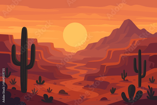 Vector illustration of a desert landscape with canyons, mountains, and saguaro cacti at sunset. Western background concept. Wild west nature scenery with orange sky and sun.