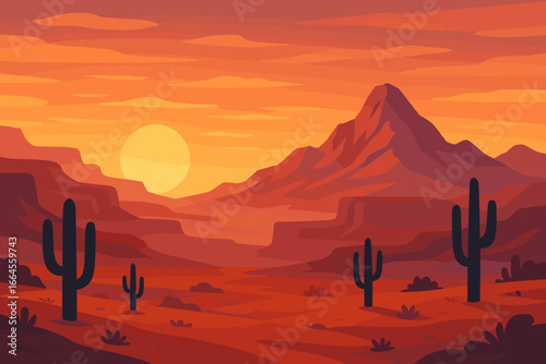 Desert landscape with canyons and mountains at sunset. Beautiful wild west nature with saguaro cacti. Modern flat vector cartoon illustration. Travel background or scenic concept.