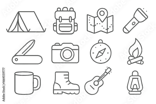 Camping gear icon set. Outdoor adventure essentials in a linear outline design. Hiking and travel equipment symbols for tourism. Vector illustration collection for adventurers.