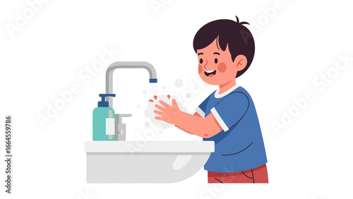 Child washing hands with soap under running water at a sink to prevent illness