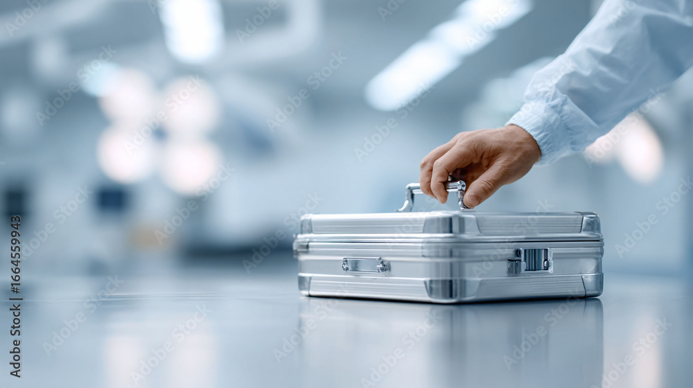 custom made wallpaper toronto digitalCloseup of a person in lab coat securing a silver briefcase, suggesting transport of sensitive materials, medicine, or secret tech. Clean aesthetic. Great for science, health, and security themes.