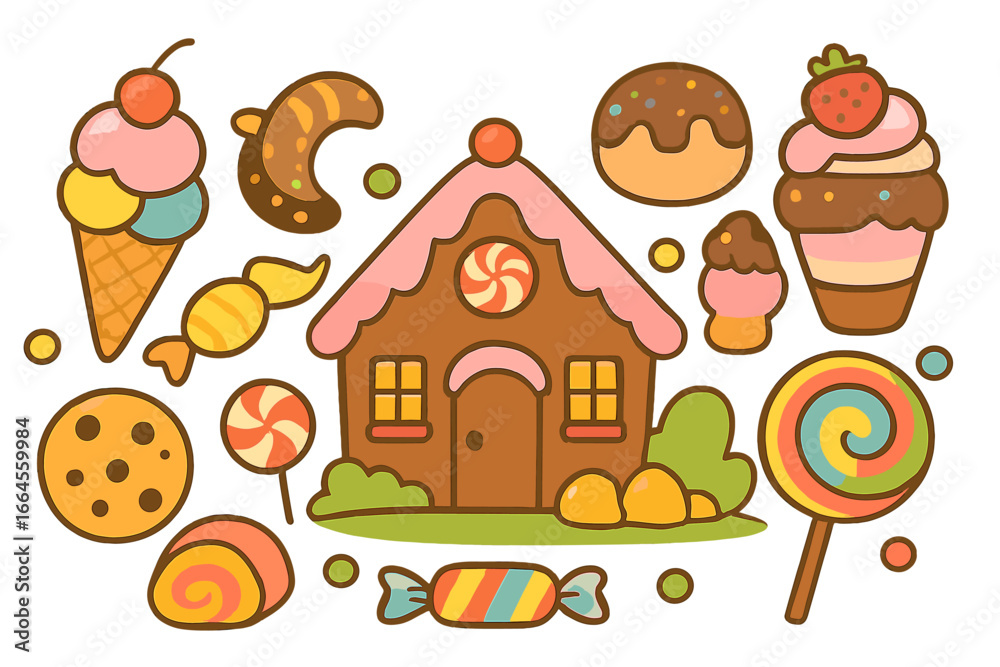 Obraz premium Sweet candy land vector illustration set with gingerbread house, ice cream, cupcake, and lollipop. Cartoon flat design elements for kids, confectionery, bakery, or party themes.