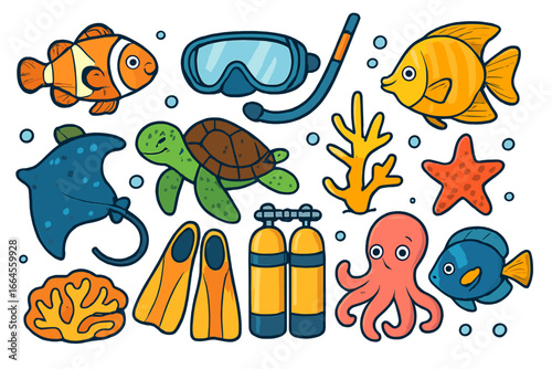Vector cartoon set of scuba diving equipment and sea life animals. Snorkel, mask, fins, turtle, fish, octopus, coral icons. Underwater adventure and marine concept.