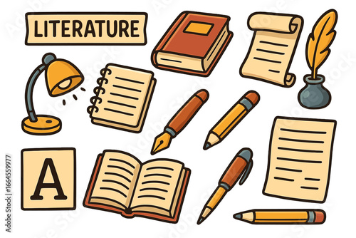Literature and writing tools doodle set. Vector cartoon icons for education, school, and library. Classic author, poetry, and storytelling elements. Vintage stationery supplies.