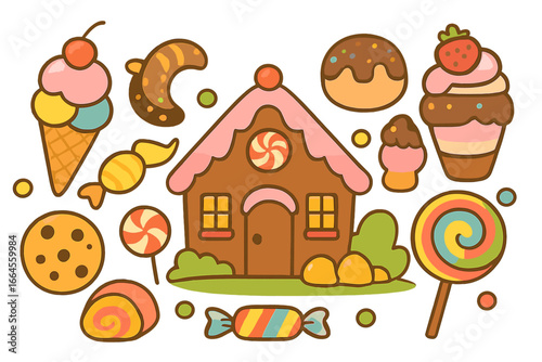 Sweet candy land vector illustration set with gingerbread house, ice cream, cupcake, and lollipop. Cartoon flat design elements for kids, confectionery, bakery, or party themes.