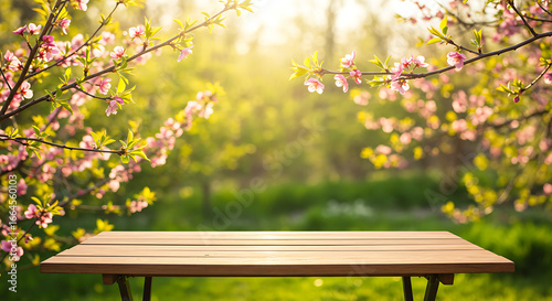 Empty Wooden Table in Spring Blossom Garden