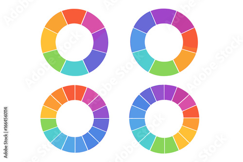 Set of color wheels with different segments. Vector graphic for color theory, palette selection, and design. Multicolored circle chart infographic element. Spectrum harmony guide.