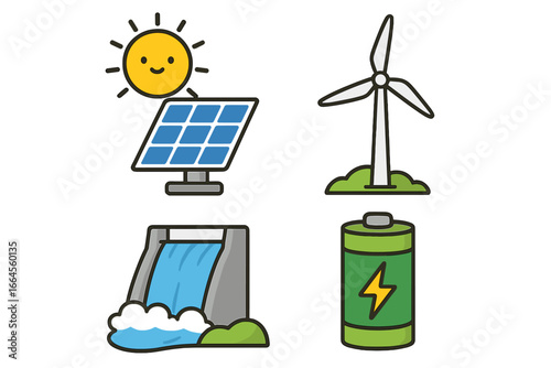 Renewable energy icon set. Solar panel with sun, wind turbine, hydroelectric dam, battery. Sustainable technology, green power concept. Vector cartoon illustration collection.
