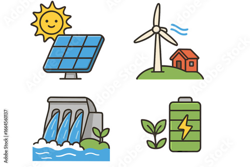 Set of renewable energy icons. Green power sources. Solar panel with sun, wind turbine, hydroelectric dam, eco battery storage. Sustainable technology vector illustration collection.