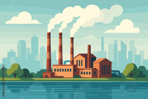 Industrial factory with smoking chimneys on the lake shore. Concept of air pollution, environmental issues, and climate change. Cityscape skyline background. Flat vector.